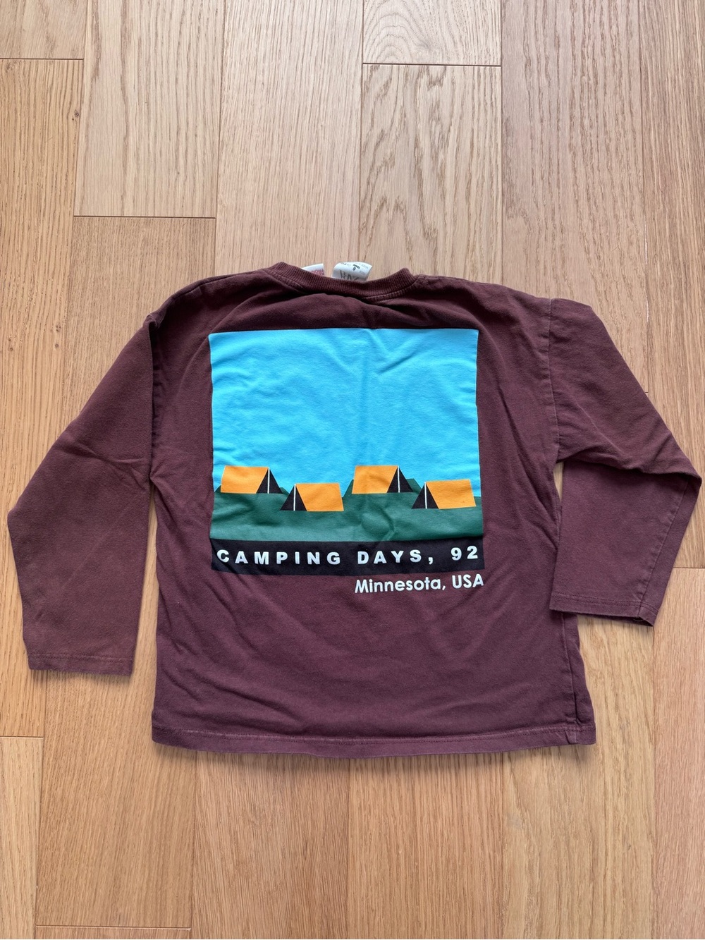 Zara Brown Long-Sleeve Camping Graphic Tee with Blue & Orange Print